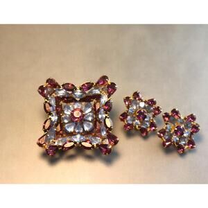 Amazing Kramer Purple Rhinestone Shadow Box Brooch Earrings Set